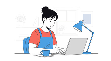 Young woman working diligently on a laptop computer at her desk with a cup of coffee