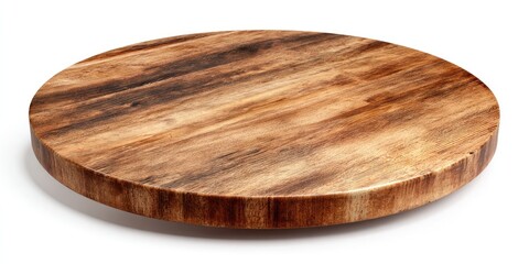 Round, rustic wooden board with rich brown tones and visible wood grain, exhibiting a smooth, polished top surface and a slightly rougher, natural edge