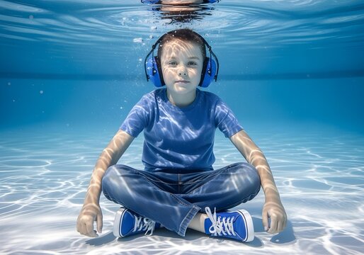 Autistic child boy sitting underwater cross legged in blue shirt, jeans and blue sneakers, wearing blue noise cancelling headphones, sensory focus and mindfulness concept - Powered by Adobe
