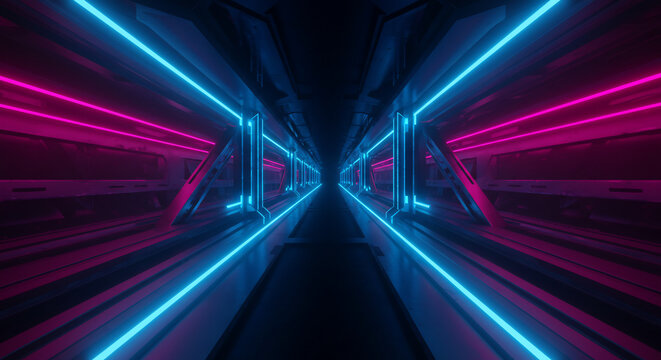 Abstract tunnel illuminated by vibrant neon lights, creating a futuristic and symmetrical perspective with blue and pink hues.