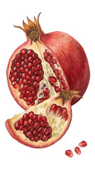 Watercolor Pomegranate: Juicy, Vibrant, and Detailed Illustration of a Halved Pomegranate with Seeds.