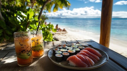 Tropical Beach Sushi Lunch: Indulge in a delicious sushi platter and refreshing cocktails, with the breathtaking ocean as your backdrop. A perfect tropical getaway experience!