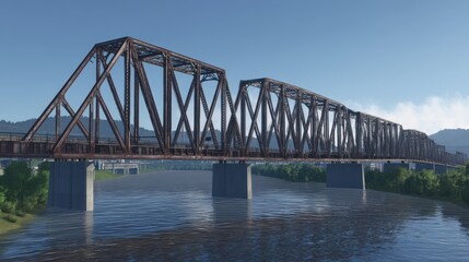 Obraz premium Wide Industrial Bridge with Trusses Over Calm Water Landscape