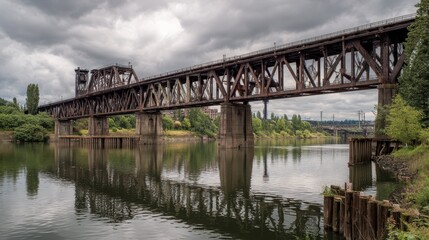 Fototapeta premium Wide Industrial Bridge with Trusses Over Calm Water and Greenery