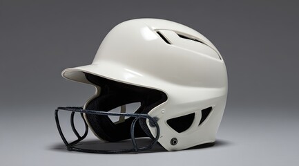 Fototapeta premium Off-white baseball batting helmet with a dark gray facemask, angled slightly to the left against a neutral gray background. Features a glossy finish and ventilation slots