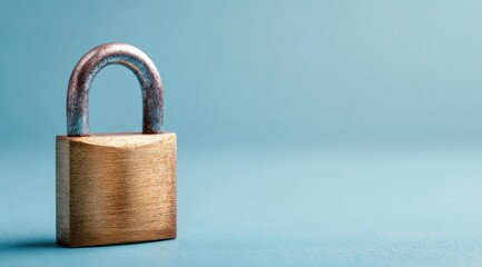 Fototapeta premium Weathered brass padlock on a light blue background, suggesting security and age