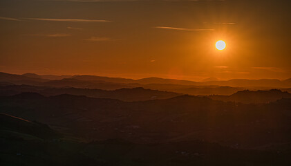 Marche, spectacular view and sunset on the Marche hills from the Ripatransone viewpoint.