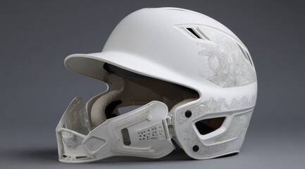 Fototapeta premium Off-white baseball batting helmet with integrated facemask; features a subtle, etched floral pattern