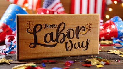 Happy labor day wooden sign with american flags and confetti