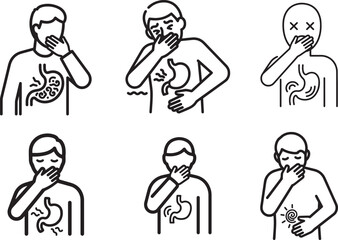Nausea and Stomach Ache Icon Set, Sick Person Holding Stomach Vector Illustration