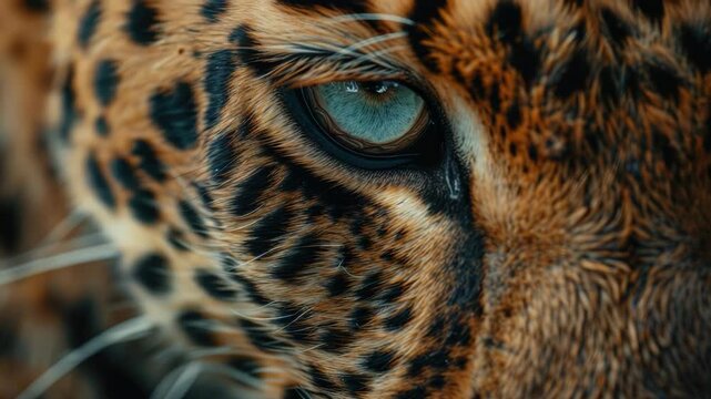 Close-up shot of a leopard's eye with distinctive markings and whiskers