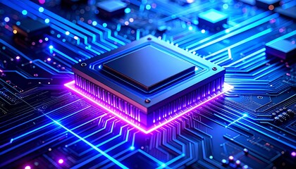 Modern CPU on Circuit Board with Glowing Blue and Purple Light