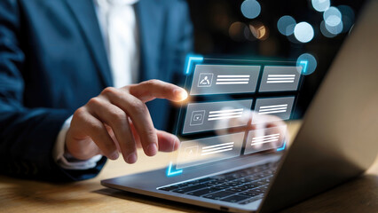 Dynamic businessman using futuristic interface for data analysis on laptop in modern office setting showing growth