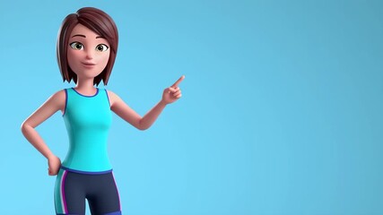 Digital Fitness Instructor: A charming digital female avatar in fitness attire points dynamically, perfectly embodying the essence of online coaching.