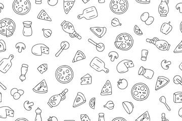 Seamless pattern with various pizza ingredients including cheese, tomatoes and peppers. Perfect for cooking projects, menus and educational materials. Vector