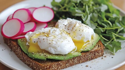 Avocado Toast with Poached Eggs, Radishes, and Greens