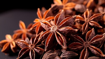 Full-frame macro image at 50mm focal length, symmetrical radial pattern of star anise pods, crisp foreground detail, evenly lit by natural top light