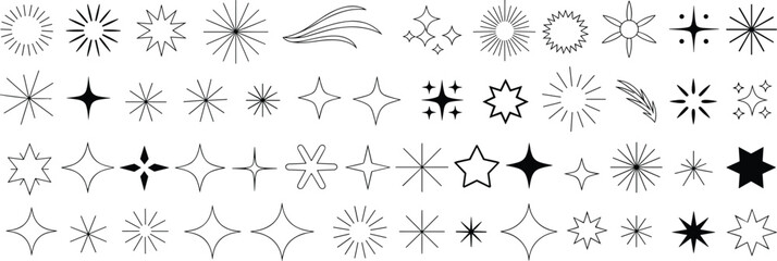 Collection of black and white starburst and sparkling star icons a flat vector illustration set for design and decoration