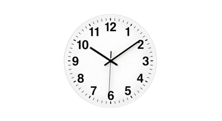 Round wall clock, white face, black numbers, no frame, centered and isolated on white background.