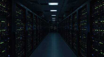 Vanishing Point Perspective in a Dark, High-Tech Server Room Aisle