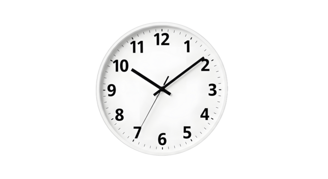 Round wall clock, white face, black numbers, no frame, centered and isolated on white background.