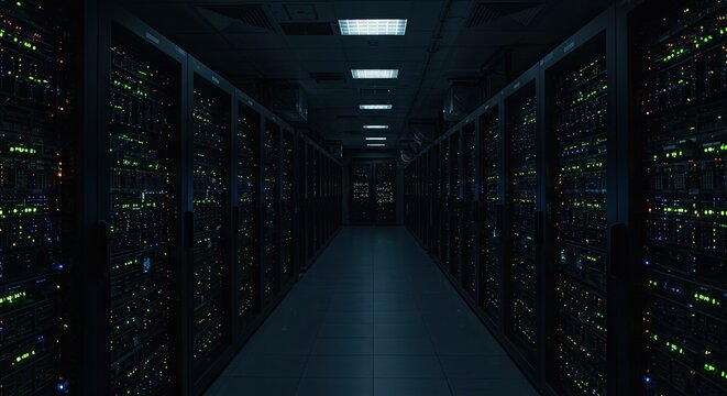 Vanishing Point Perspective in a Dark, High-Tech Server Room Aisle