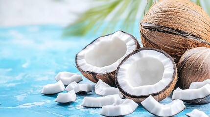 Full-frame camera composition at 50mm focal length, artistic arrangement of coconut halves and scattered pieces, sharp detail in foreground, soft natural top light