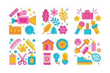 Fototapeta premium Colorful Icon Set Featuring Diverse Themes Such as Media Nature Beauty Home and Fitness in a Vector Graphic