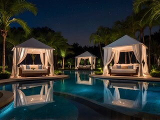 Luxury Poolside Cabana at Night with Ambient Lighting