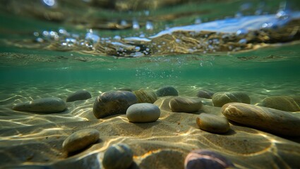 Obraz premium Underwater View of Smooth Pebbles on Sandy Seabed with Sun Dappled Light Creating Mesmerizing Patterns Peaceful Tranquil Scene Ideal for Relaxation and Meditation