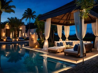 Luxury Poolside Cabana at Night with Ambient Lighting