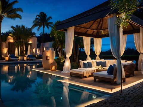 Luxury Poolside Cabana at Night with Ambient Lighting