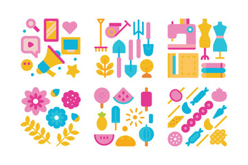Colorful Vector Icon Set Featuring Gardening Sewing Marketing and Food Elements in a Cheerful Design for Various Creative Projects