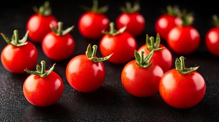 Studio-style natural light still-life with 85mm lens, cherry tomatoes in grouped arrangement, crisp focus on front section with soft gradient blur, subtle shadows for depth