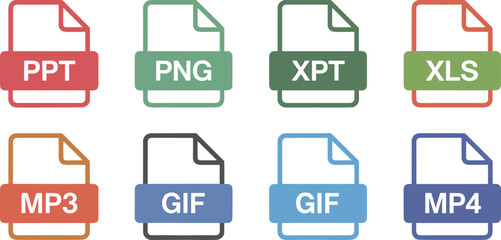 Collection of file format icons vector illustrations, different document types and extensions, set of colorful data file symbols