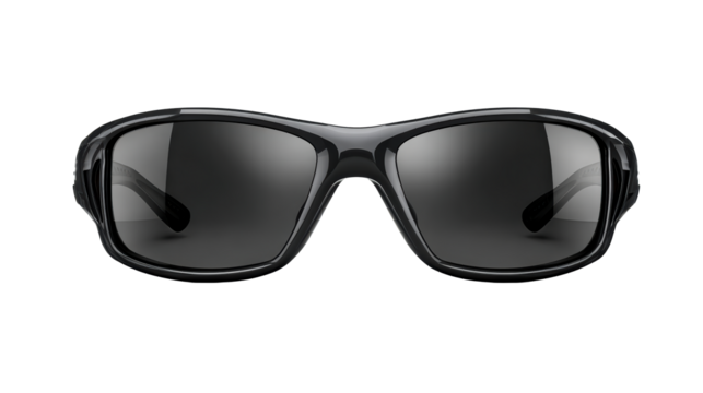 Pair of black wrap around sunglasses with dark lenses