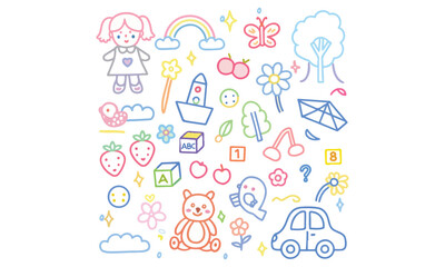 Cute Kids Doodle Clipart Dinosaur, Rocket, Sun, Heart, Cloud, Balloon, Tree, Flower, and Star Hand Drawn Illustrations