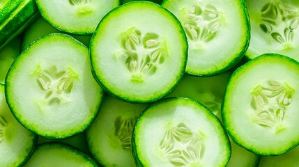 Professional top-view image at 50mm, geometric arrangement of cucumber slices, sharp foreground focus with smooth depth fade, bright natural lighting
