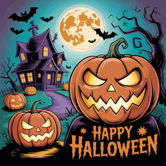 Spooky halloween scene with jack o lanterns and haunted house