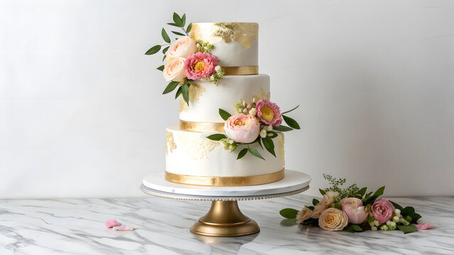 Elegant wedding cake with flowers displayed on a marble table