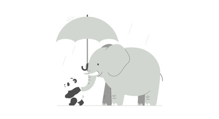 An adorable elephant shielding a panda from the rain with an umbrella displaying friendship and help