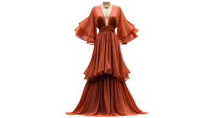 Elegant Terracotta Flowing Gown with Dramatic Sleeves and Tiered Skirt on Mannequin