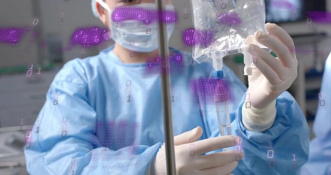 Nurse lifting saline bag, threading tube, showing purple binary data overlay guiding clamp tweaks