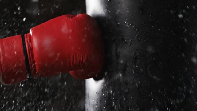 A dramatic, slow-motion close-up of a boxing glove making impact, sending a spray of sweat into the air, a symbol of intense competition.