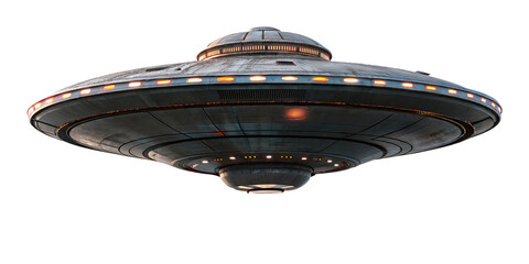 Futuristic flying saucer spaceship isolated on dark background with glowing lights and metallic texture