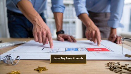 Team collaborates on architectural plans pointing to design details