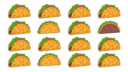 A vibrant collection of fifteen cartoon style tacos