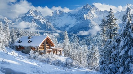 Winter Wonderland: Luxurious Mountain Cabin in a Snowy Alpine Landscape