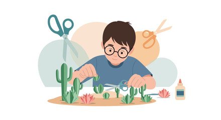 Boy crafts a miniature desert landscape from paper using scissors and glue at home