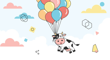 Cartoon cow floating in the sky holding a bunch of colorful balloons whimsical illustration for children's content and vector designs